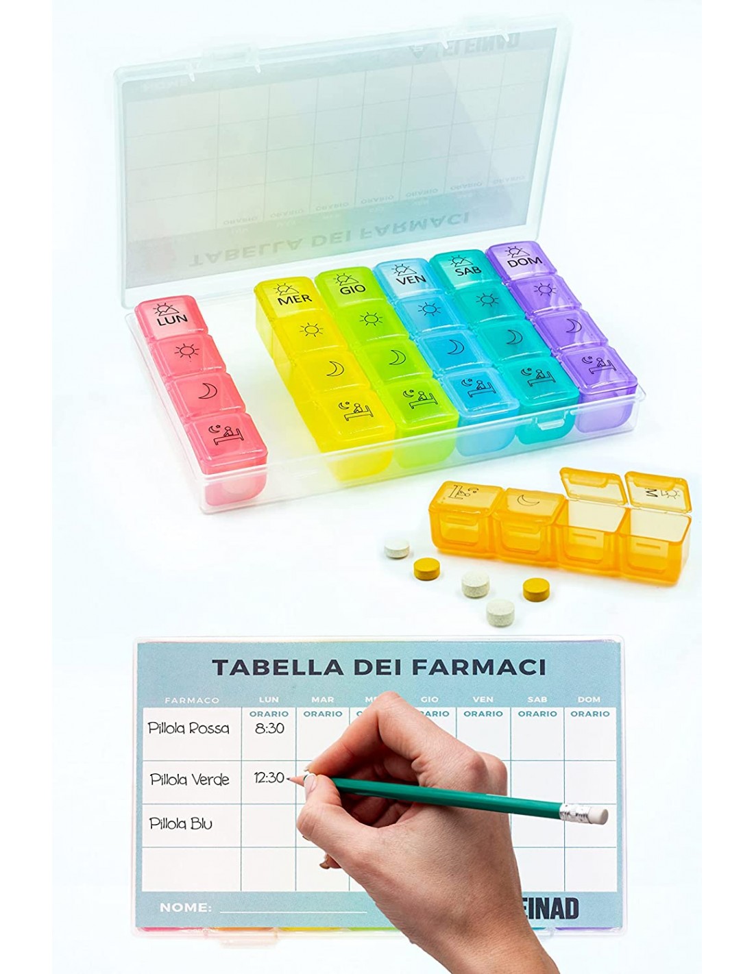 Portapillole settimanale e giornaliero con planner farmaci