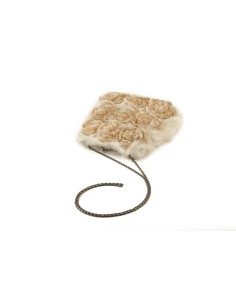 Borsa in pelliccia di lapin bianca con rose camel Kontessa