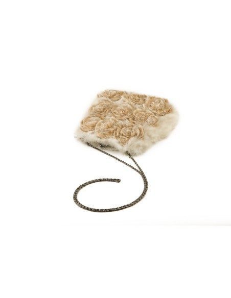 Borsa in pelliccia di lapin bianca con rose camel Kontessa