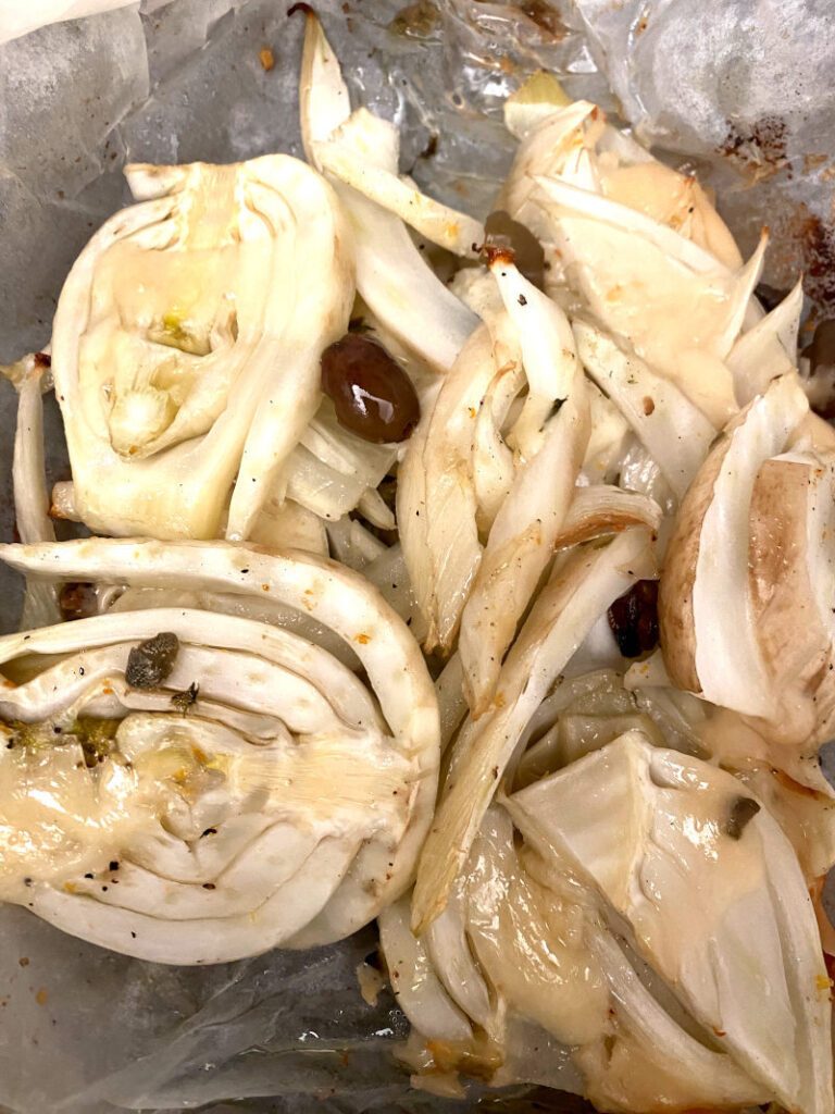 Finocchi al cartoccio con olive e capperi